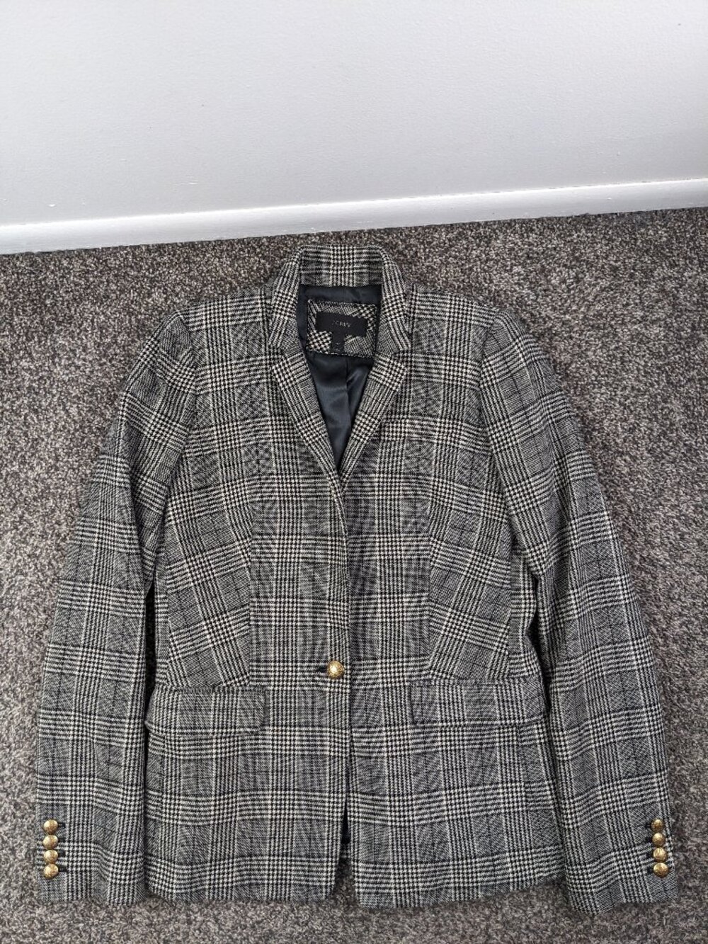 J Crew Blazer Jacket Tweed Wool Gray Glen Plaid Gold Button Womens 4T 4 Tall